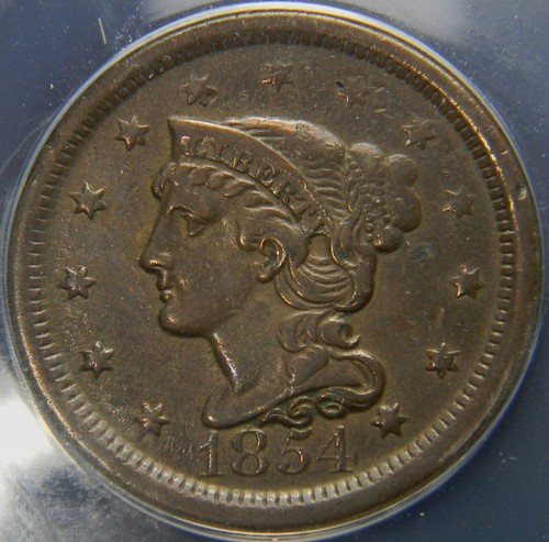 1854 BRAIDED HAIR LARGE CENT, ANACS VF35, ERROR: REVERSE ROTATED 80° CW - Picture 4 of 5
