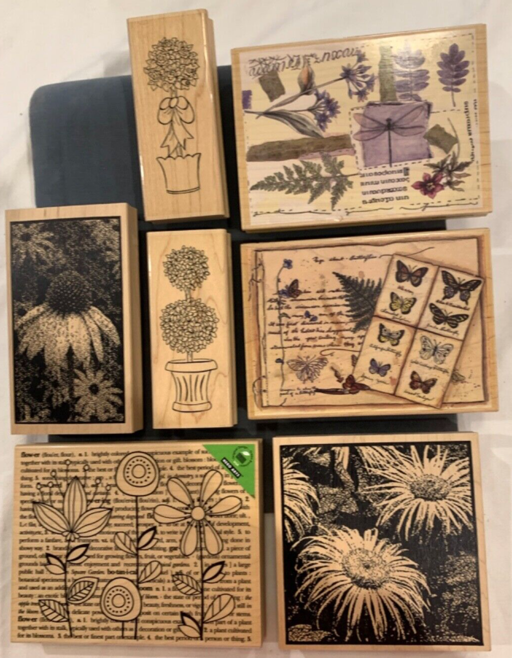7 Rubber Stamps Wood Mounted Botanical Garden Flowers Butterfly Insects