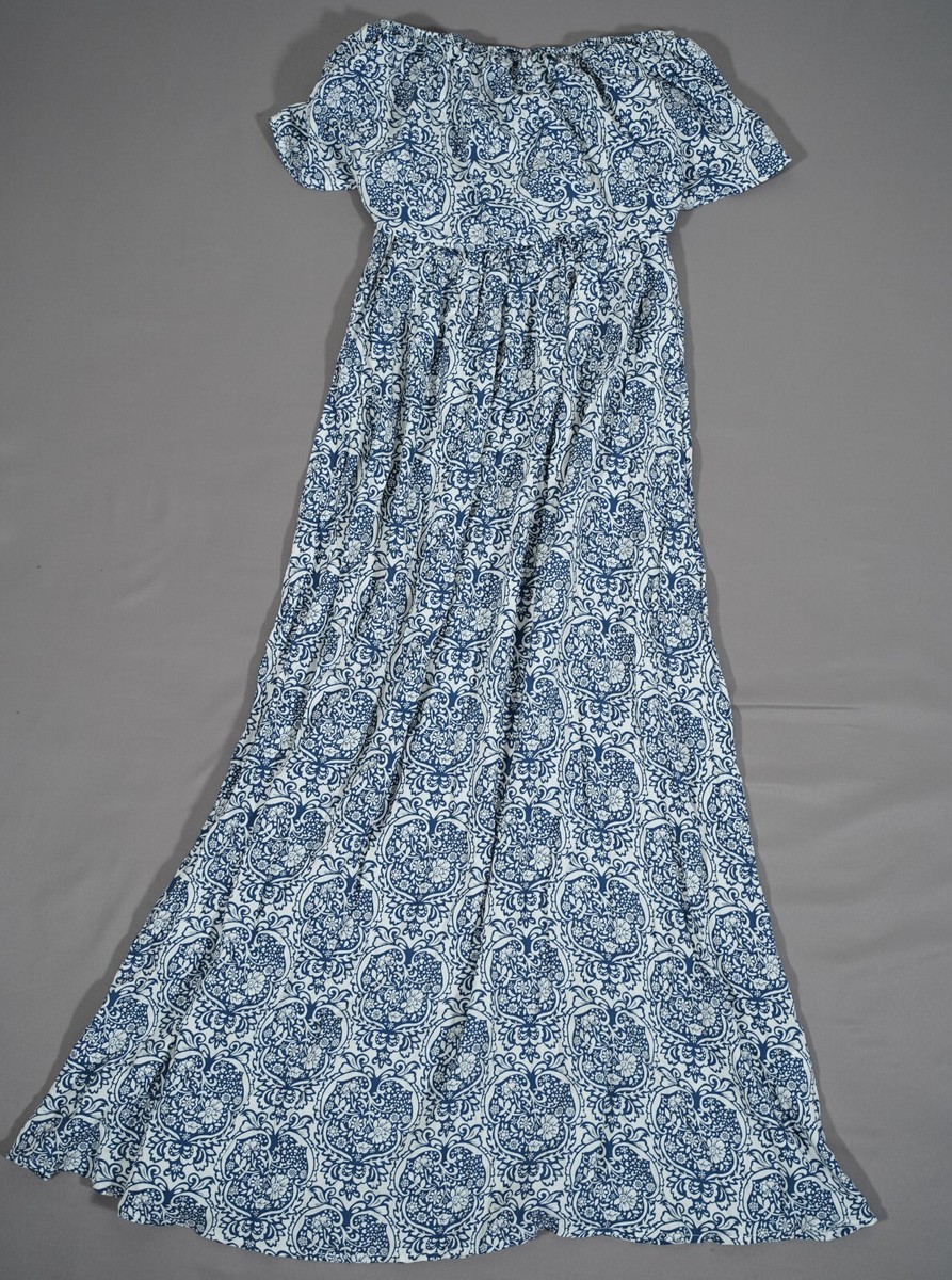 blue and white paisley maxi dress Medium Women Off Shoulder Lined Boho Summer Color:Asphalt With a wrap spring midi dress Moa Moa Asymmetrical Neck