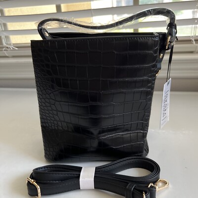 AOTA All Of The Above Vegan Purse Croc Bucket Bag Detach Strap Crossbody Black