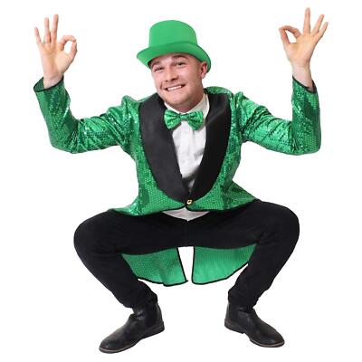 ERWACHSENE ST PATRICKS DAY KOSTÜM IRISCHER KOBOLD SCHWANZMANTEL GRÜNER MÜTZE SCHICKKLEID