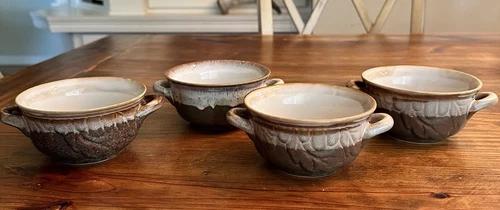 Vintage Ceramic Brown Drip Leaf Two Handles Onion Soup Chili Mugs Cups Set of 4
