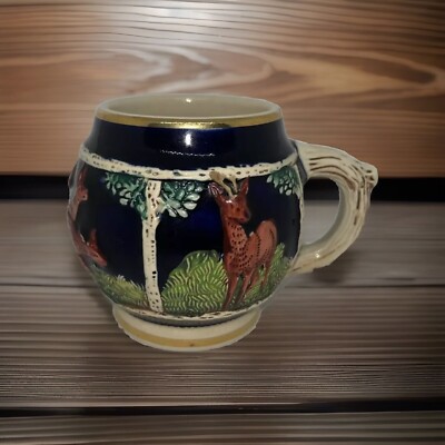 Marzi & Remy Vintage German Beer Stein Deer Buck Doe Blue Raised Relief Mug 