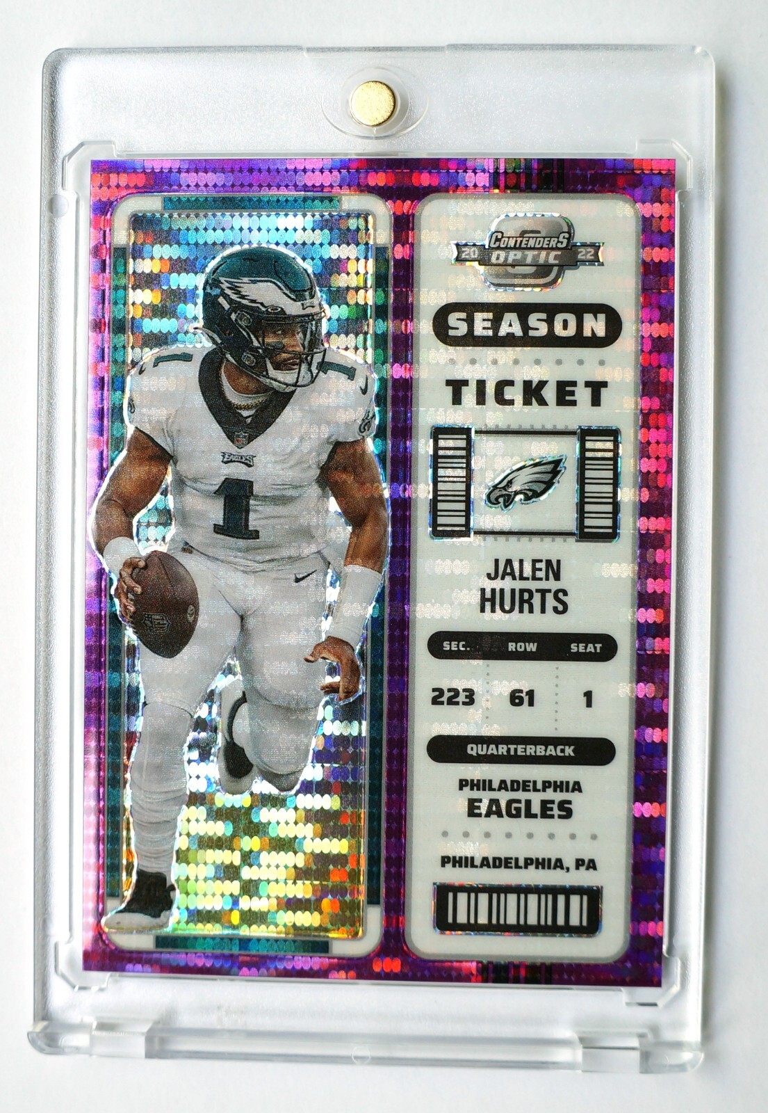 2022 Contenders Optic /26 JALEN HURTS Purple Pulsar Prizm SSP #43 Season Ticket!