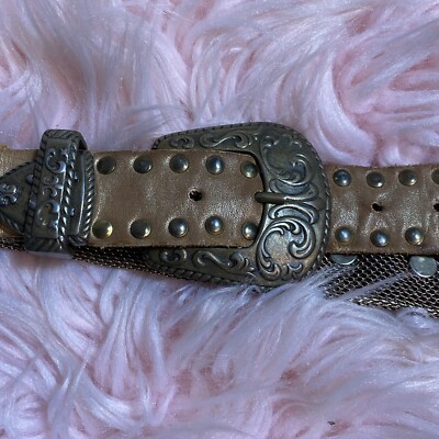 Sand Castle Womens Silver Tone Leather Metal Mesh Studded Rhinestone Belt VTG Awesome Vintage SAND CASTLE Mesh With Stones White and Black  main image 3
