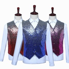 Mens Sequin Waistcoat Glitter Vest Top Party Night Club Stage Dress Costume