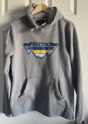 MARMOT Hoodie Mens Sweatshirt Pullover Spellout Logo Medium Gray Pocket Blue