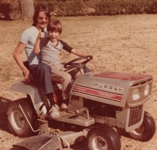 Man And Boy Riding Murray Lawn Mower Backyard Fun Thumbs Up 1980s