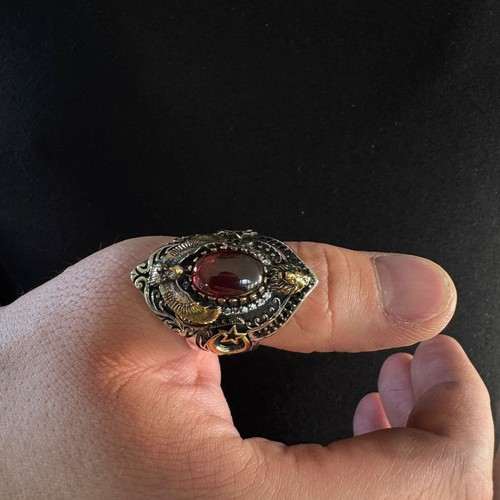 925 Sterling Silver Adjsutable Eagle Lion Sword Crescent Red Zircon Thumb Ring - Picture 3 of 5