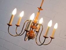 elegante lampada a sospensione Temde ottone legno 6 luci Ø 55 cm anni '60