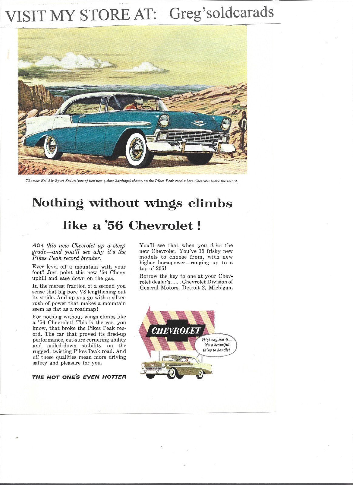 Original 1956 Chevrolet vintage print ad: "Nothing without wings climbs like a."