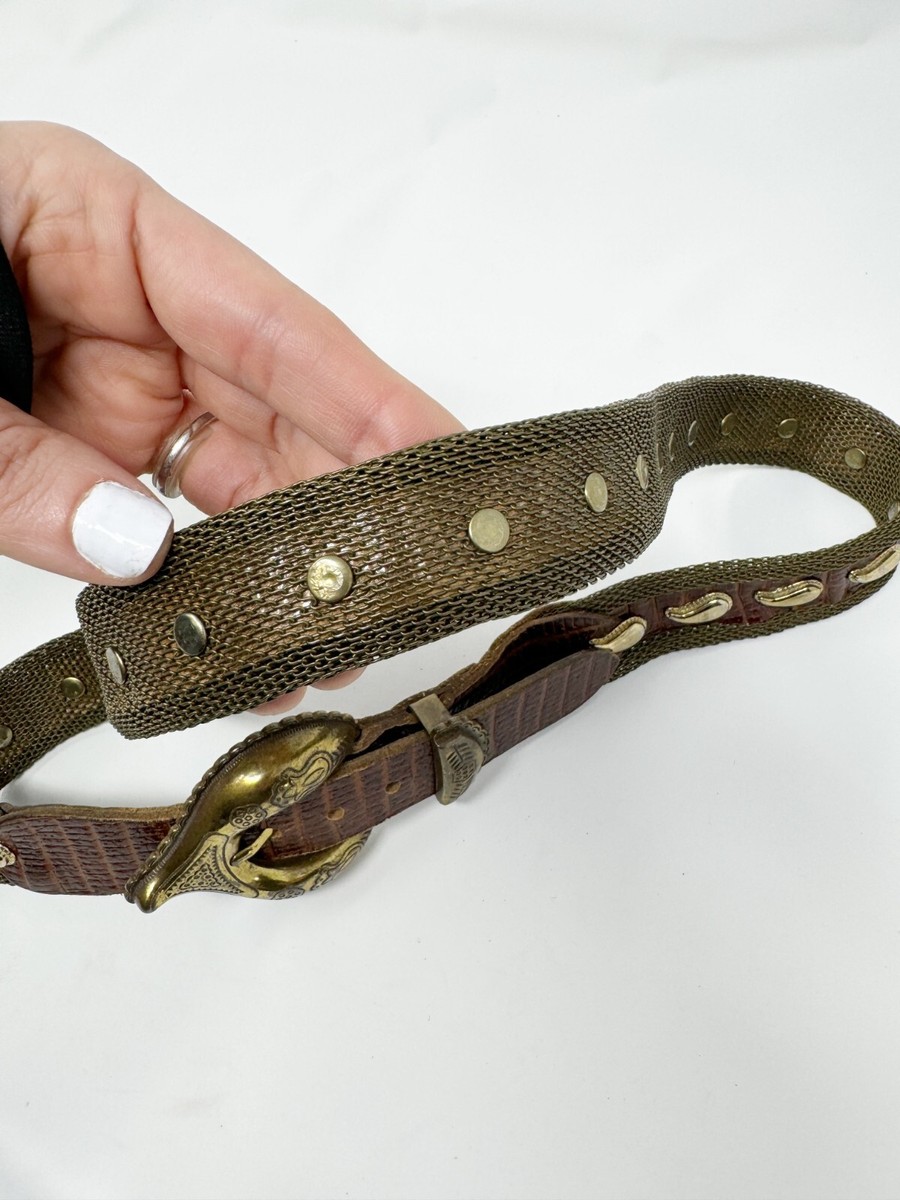 Neiman Marcus Metal Chain Gold Tone Mesh Brown Leather Belt Paisley Studded Sz 6 Neiman Marcus Metal Chain Gold Tone Mesh Brown Leather Belt  main image 3
