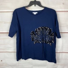 Joan Vass Top Womens M L Blue Cotton Sequin Flower Short Sleeve Relaxed Fit