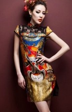 Cap Sleeve Lace Neck Silk Blend Qipao Chinese Dress size M