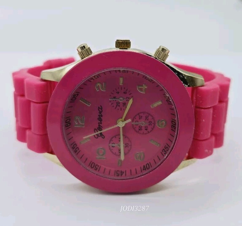Geneva Watch HOT Pink Rubber Band and Face Gold tone