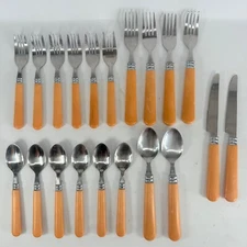 Farberware Flatware Faux Wood Stainless Steel Plastic Set 20 pc Fork Spoon Knife
