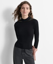 DKNY Women's Mock-Neck Sheer-Detail Long-Sleeve Sweater Black Size M 89 SALE