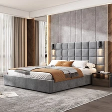 Queen Size Velvet Upholstered Bed Frame with Wall Sconce & USB Port for Bedroom