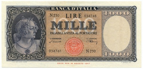 1000 LIRE ITALIA ORNATA DI PERLE MEDUSA 10/02/1948 SUP- - Foto 1 di 6