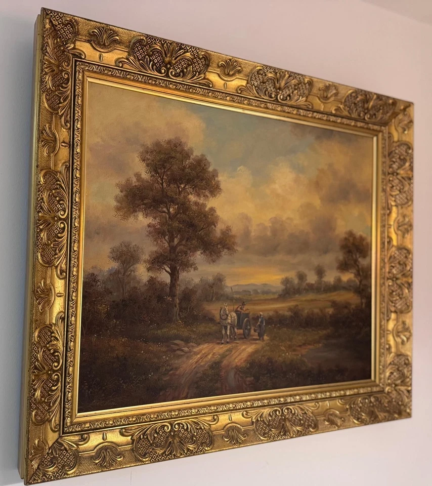 Large Antique oil painting on panel figures landscape signed framed 75/65 cm - Image 2 of 4