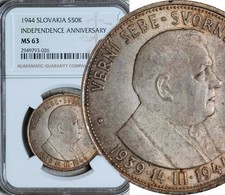 NGC MS-63 SLOVAKIA SILVER 50 KORUN 1944 (POP: 11/7)
