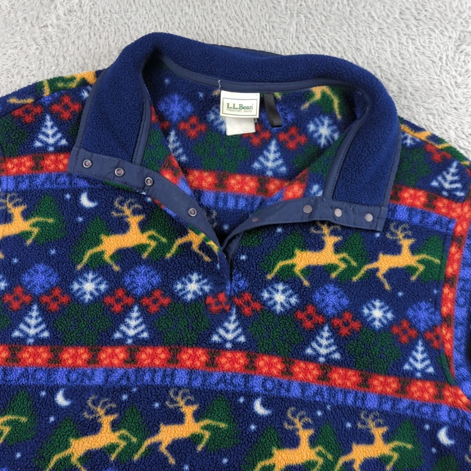 Vintage LL Bean Jacket Mens XL Blue AOP Fleece 1/4 Snap Christmas Peace on Earth - Image 2 of 4
