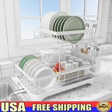 Dish Drying Rack 2 Tier Kitchen Utensil Holder Space Saving Automatic Drainage