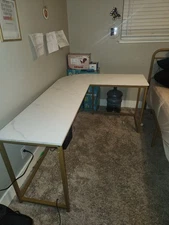 Faux Black & White Marble W/ Gold Trimming Metal Curved Desk