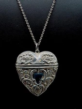 Antique Victorian Sterling Silver Repousse Heart Vespa Pendant Necklace 24”