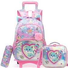 Cute Girls Rolling Backpack with Wheels, School Roller Bag  Lunch Box 8-12