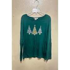 Rebecca Malone Christmas Tree Long Sleeve Top Holiday Green Small