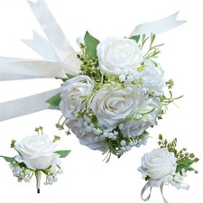 Bride Bouquet Wrist Corsage Groom Boutonniere Wedding Flower Party Ivory Set