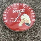VINTAGE USA JUMBO DIAL METAL COCA COLA CAP BOY ART ADVERTISING THERMOMETER SIGN
