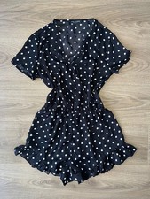 JEUVRE Black White Polka Dot Mini Dress UK 8 V Neck Ruffle Hem Summer