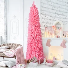 Artificial Pencil 7.5 FT Pink Christmas Tree 641/1075 Branch Tips, Sturdy Stand
