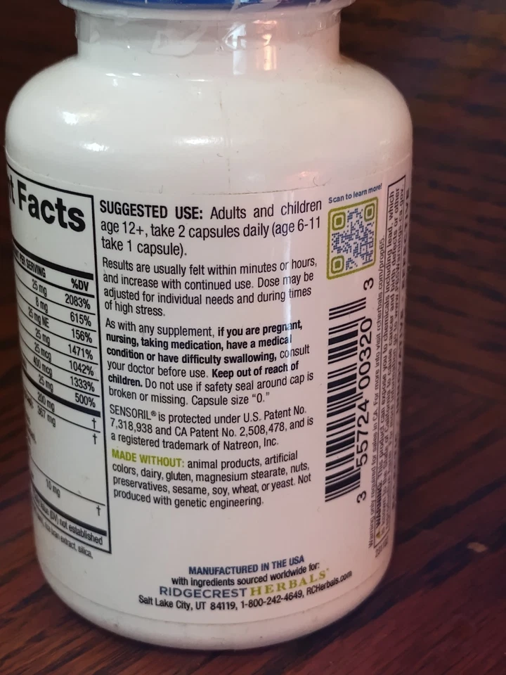 Ridgecrest Herbals SereniZen 60 капсул Управление Стрессом Поддержка - Изображение 2 из 4