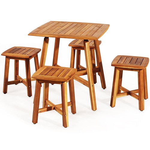 5PCS Acacia Patio Dining Set W/Square Table & 4 Stools Reddish Brown - Picture 11 of 11