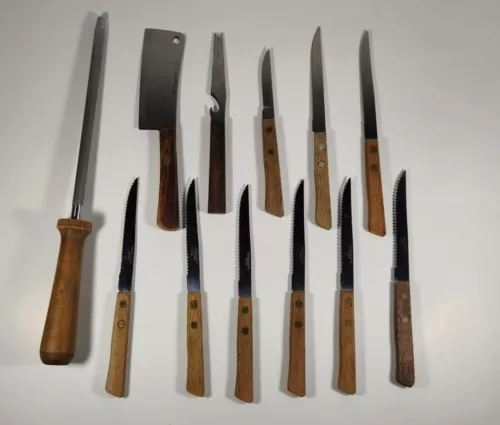 LOT OF 12 VINTAGE STAINLESS STEEL JAPAN WOOD HANDLE STEAK KNIVES 
