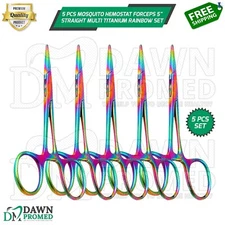 5 Pcs Mosquito Hemostat Forceps 5" Straight Multi Titanium Rainbow Set German Gr