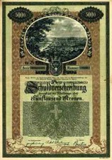 German Capital Vienna 1921 Austria 5000 Krona Loan City Vienna Bond Coupons