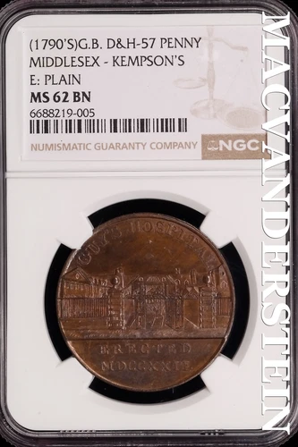Great Britain: 1790's Middlesex Penny D&H-57 - NGC MS 62 BN - Scarce  #SLG446