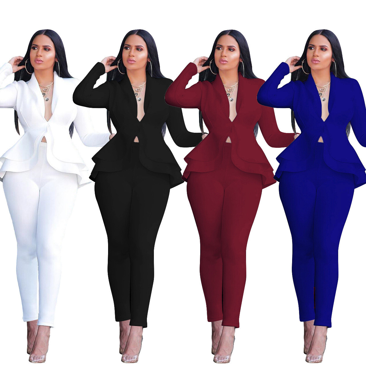 Women Slim Ruffle Peplum Waist Blazer 