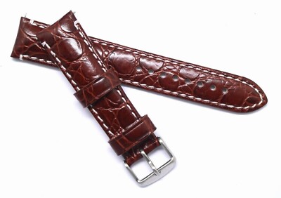 20mm 22mm Brown Croco Embossed Leather Water Resistant Watch Band Silver Buckle