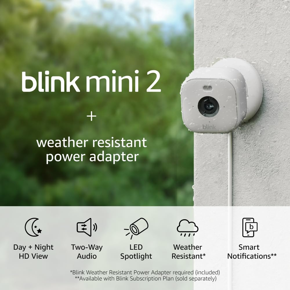 Mini 2 + Weather Resistant Adapter — Plug-In Smart Security Camera, Indoor/Outdo