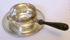 STERLING SILVER SAUCE POT with wood Handle BOWL Pipkin w UNDERPLATE Saucer