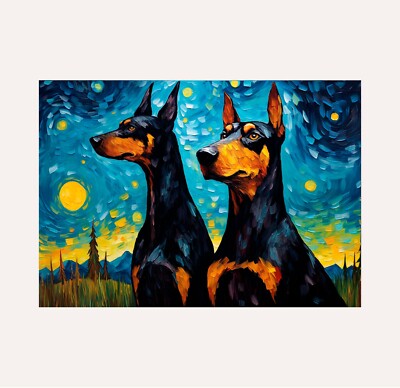 Doberman Pinscher Dog in Starry Night Poster Print