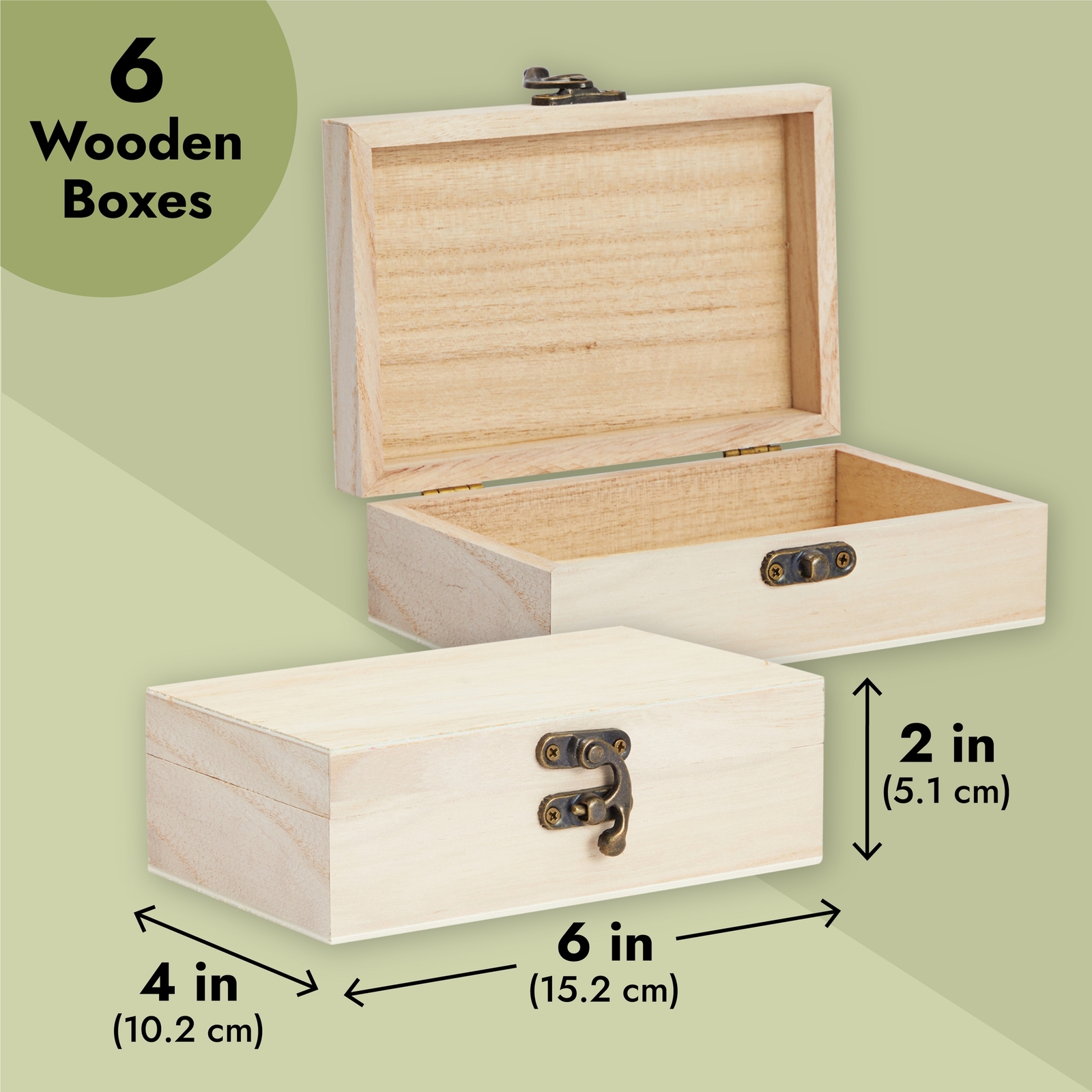 6Pack Unfinished Wooden Boxes for Crafts with Hinged Lids and Clasps