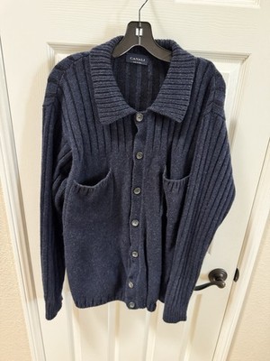 CANALI Knit Button Up Cardigan Front Pockets 100% Wool MADE IN ITALY Blue Color