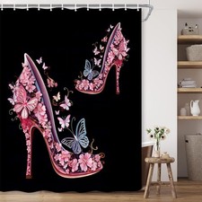 High Heels Shower Curtain Pink and Black Butterfly Flower Fashion Girl Makeup...