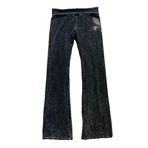 T Party Black Mineral Wash Fold Over Waist Yoga Flare Pants Embellished Sz L